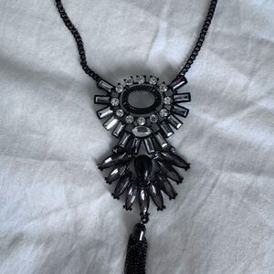 Black Silver crystal long Necklace